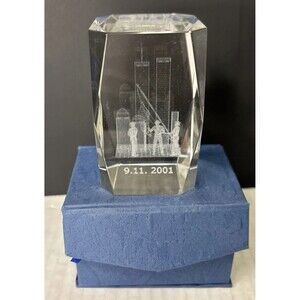 Laser Etched Paperweight 9/11/2001 Twin Towers NYFD 3D Crystal Hologram